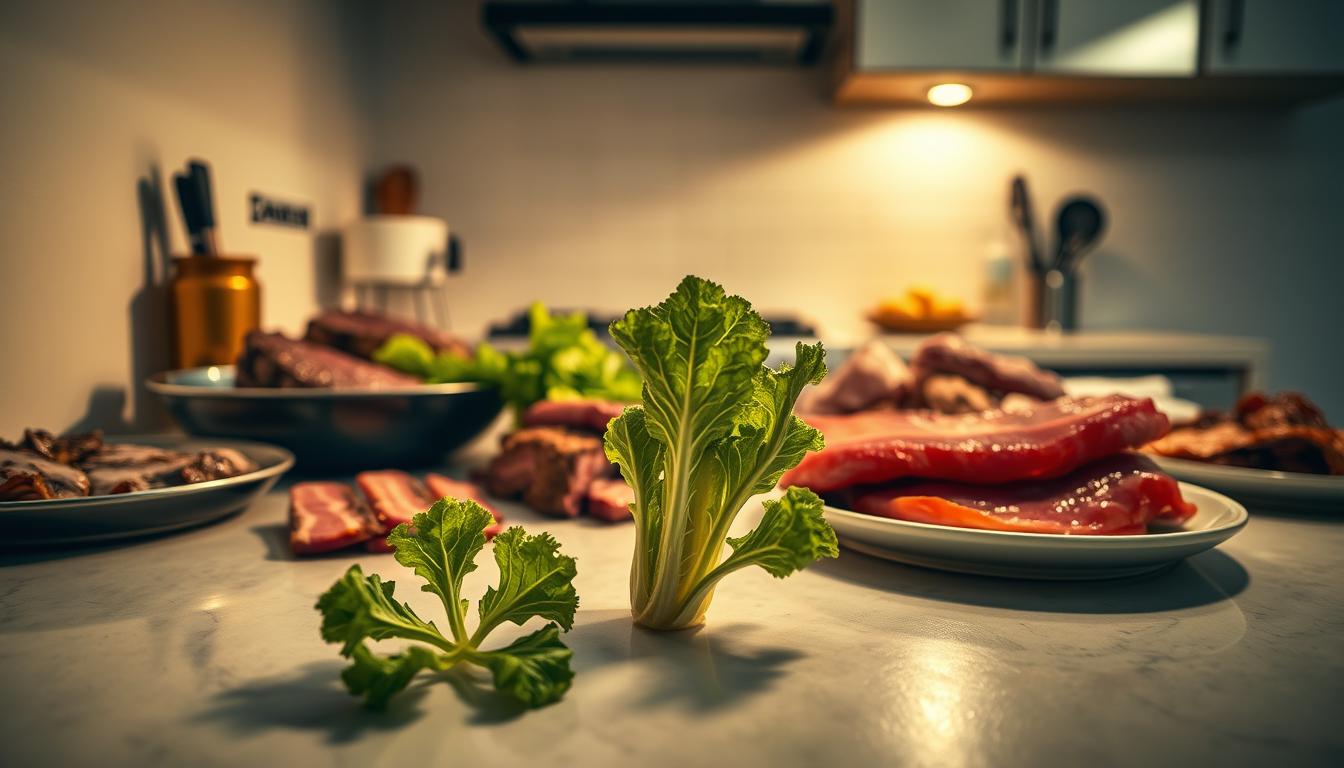 A dimly lit kitchen counter, pristine and minimalist, showcases an array of carnivorous delights - juicy steaks, crisp bacon, and succulent meats. In the foreground, a single piece of lettuce stands out, a symbol of the conscious effort to avoid carbs and sugars on this carnivore diet journey. The lighting is warm and natural, casting soft shadows that add depth and dimension to the scene. The camera angle is slightly elevated, providing a birds-eye view that emphasizes the intentionality of the meal preparation. The atmosphere is one of focus, discipline, and a determination to stay true to the carnivore lifestyle, even in the face of temptation.