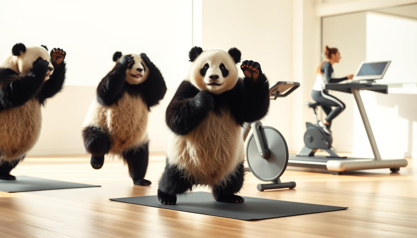 A group of pandas performing a high-intensity interval training routine in a bright, airy gym. In the foreground, two pandas are doing burpees and jumping jacks, their black and white fur glistening with sweat. In the middle ground, a panda on a stationary bike pedals vigorously, its expression focused. In the background, a panda runs on a treadmill, its powerful legs propelling it forward. Soft, diffused lighting illuminates the scene, creating a sense of energy and determination. The atmosphere is one of balance, as the pandas demonstrate that a healthy diet and rigorous exercise can work in harmony.