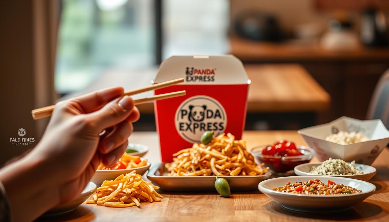 A neatly arranged Panda Express takeout container sits atop a wooden table, surrounded by a variety of healthy sides and toppings. The lighting is warm and inviting, casting a soft glow across the scene. In the foreground, a hand holds a pair of chopsticks, poised to dive into the flavorful meal. The background is blurred, allowing the focus to remain on the meticulously planned Panda Express meal, showcasing how it can be integrated into a balanced diet. The overall mood is one of intention and thoughtfulness, demonstrating how Panda Express can be incorporated into a weight-loss plan.