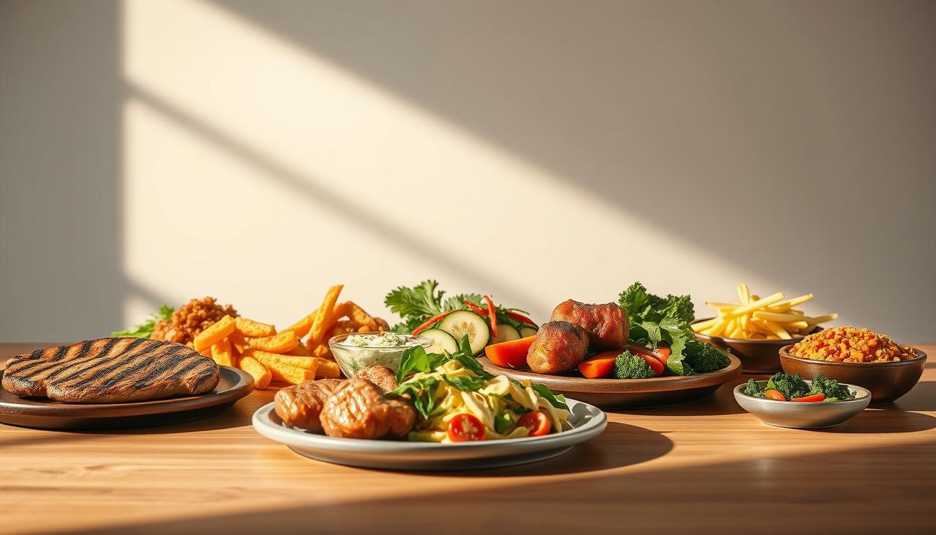 A visually appetizing display of low-carb menu options, showcased against a clean, minimalist background. In the foreground, an assortment of grilled proteins, steamed vegetables, and zesty side dishes are artfully arranged, casting soft shadows and capturing the natural textures and vibrant colors of the ingredients. The middle ground features a sleek, wooden table or counter, providing a solid foundation for the culinary centerpiece. The background is bathed in warm, diffused lighting, creating a welcoming and inviting atmosphere, perfect for highlighting the healthy, customizable options available. The overall composition conveys a sense of balance, simplicity, and nutritional value, guiding the viewer towards a satisfying, low-carb dining experience.