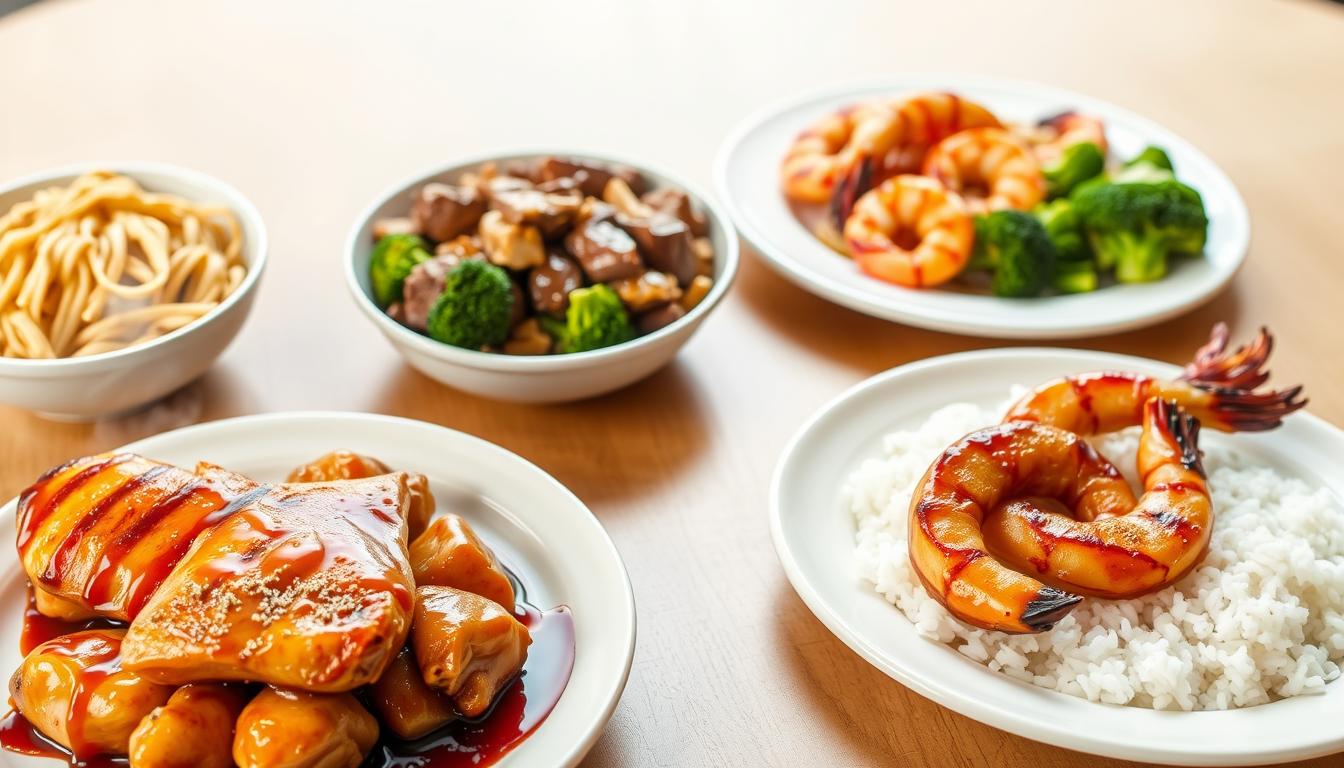 A well-lit, appetizing scene of several Panda Express entrees arranged on a wooden table, presented in a clean, minimalist style. In the foreground, a steaming plate of grilled teriyaki chicken with a side of mixed vegetables, drizzled with a glistening sauce. In the middle ground, a bowl of tender beef and broccoli, complemented by a side of crisp chow mein noodles. In the background, a plate of succulent, char-grilled shrimp paired with a serving of fragrant, fluffy white rice. The lighting is soft and natural, highlighting the vibrant colors and textures of the dishes. The overall atmosphere is one of a healthy, balanced, and tempting Panda Express meal, capturing the essence of the "Suggested 0 Carb Meal Combinations" section.