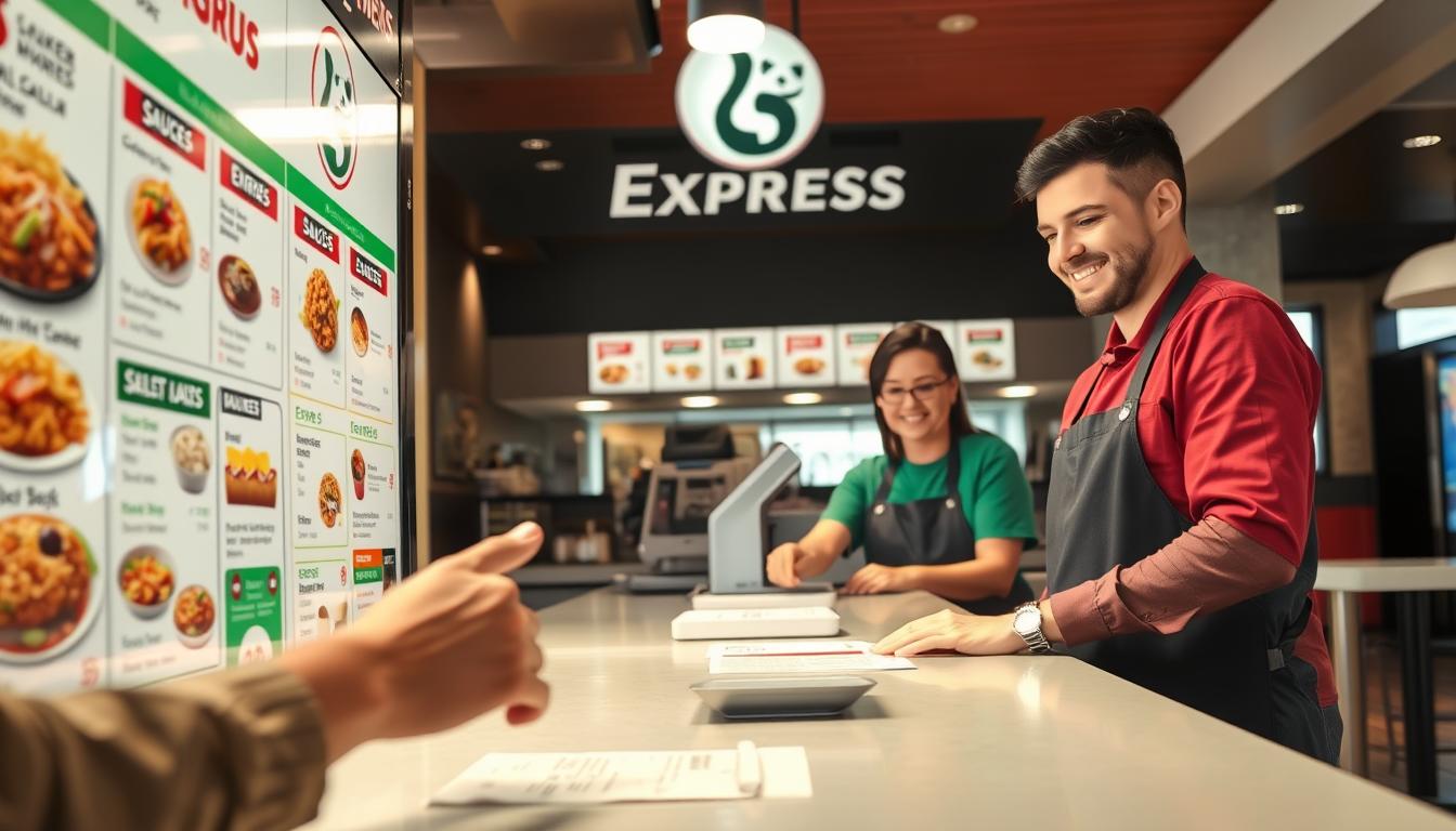A well-lit, photorealistic image of a Panda Express counter with a customer customizing their order. In the foreground, the customer's hands are pointing to a menu board showcasing various entrees, sides, and sauces. The middle ground features a smiling Panda Express employee assisting the customer. The background depicts the warm, inviting atmosphere of the Panda Express restaurant, with clean surfaces, modern decor, and natural lighting streaming in through large windows. The scene conveys a sense of efficiency, personalization, and culinary delight. The overall mood is one of a seamless, customizable dining experience.