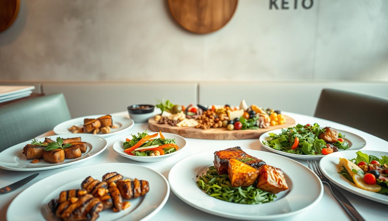 An elegant restaurant table set with a variety of keto-friendly menu options. In the foreground, a selection of grilled meats, roasted vegetables, and fresh salads artfully arranged on white porcelain plates. The middle ground features a large charcuterie board adorned with cured meats, cheese, olives, and nuts. In the background, a minimalist backdrop of muted tones and natural textures, creating a calm and sophisticated atmosphere. Soft, warm lighting casts a gentle glow, accentuating the rich colors and textures of the dishes. The overall scene conveys a sense of culinary indulgence while adhering to the principles of a keto diet.