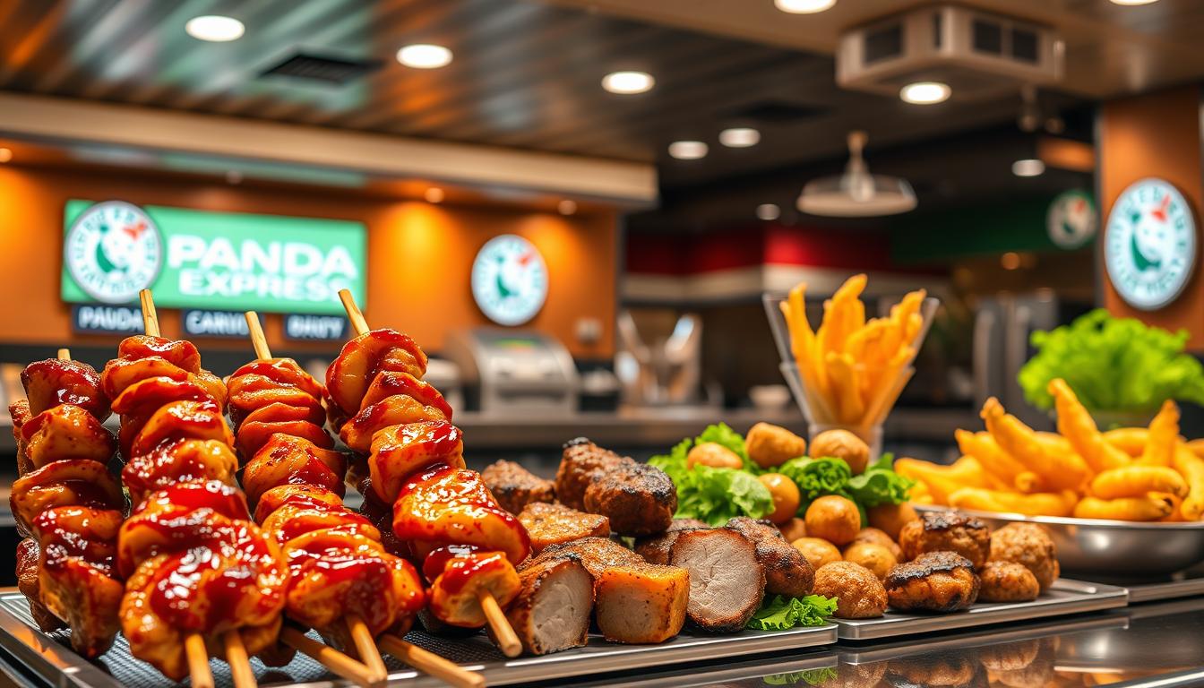 A beautifully lit Panda Express counter, showcasing an array of carnivore-friendly starters. In the foreground, a selection of juicy, flame-grilled teriyaki chicken skewers, each piece glistening with a sweet and savory glaze. Beside them, tender, slow-roasted pork bites, seasoned to perfection. In the middle ground, a vibrant display of crisp vegetable tempura, the golden-brown batter a delightful contrast to the fresh greens. The background features the signature Panda Express color scheme, with warm lighting and sleek, modern fixtures, creating an inviting and appetizing atmosphere. The entire scene evokes a sense of culinary delight, perfect for the carnivore starter exploring the delicious world of Panda Express.