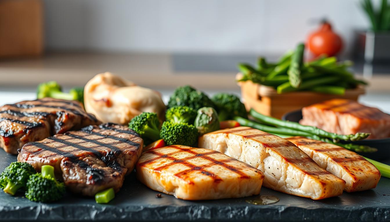 A cleanly lit still life composition showcasing an array of carnivore-friendly meal options. In the foreground, a selection of grilled protein sources such as juicy steak, tender chicken, and fatty salmon fillets, neatly arranged on a slate serving platter. The midground features a variety of low-carb vegetable sides, including roasted broccoli, sautéed spinach, and grilled asparagus, all glistening with a light sheen. The background is softly blurred, hinting at a minimalist, neutral-toned kitchen setting, allowing the vibrant colors and textures of the food to take center stage. The overall mood is one of simplicity, health, and culinary refinement.