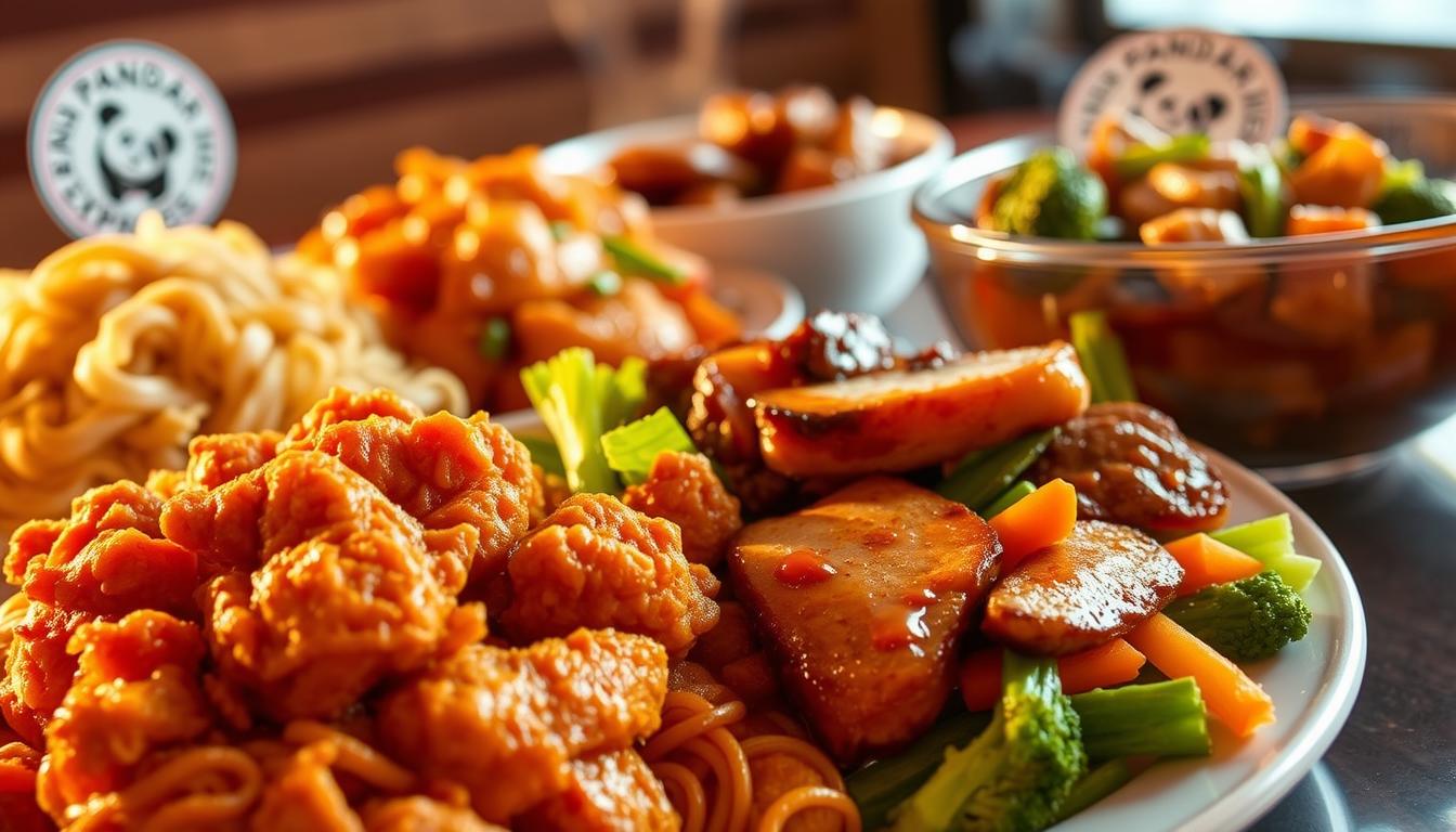 A delectable display of Panda Express' signature dishes. In the foreground, a generous portion of their iconic orange chicken, crispy and glistening, nestled alongside a serving of their world-famous chow mein noodles. In the middle ground, tender slices of their signature grilled teriyaki chicken, accompanied by a vibrant medley of fresh steamed vegetables. In the background, a steaming bowl of their savory beef and broccoli, the sauce glistening. The lighting is warm and inviting, casting a golden glow over the expertly plated dishes. The camera angle is slightly elevated, showcasing the mouthwatering array in an appetizing, high-quality presentation.