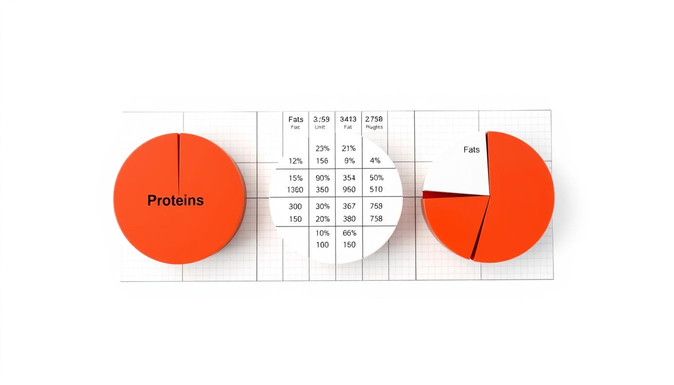 A detailed macro breakdown diagram against a clean white background. In the foreground, three well-defined pie charts representing the proportions of proteins, carbohydrates, and fats. Each pie chart is labeled clearly with its macronutrient type. The middle ground features a grid of numerical values, percentages, and unit measurements associated with each macronutrient. The background has a subtle grid or graph paper pattern to convey a sense of structure and organization. The lighting is soft and even, creating clear shadows and highlights to emphasize the 3D volume of the elements. The overall composition is balanced, symmetrical, and visually appealing, with a modern, minimalist aesthetic.