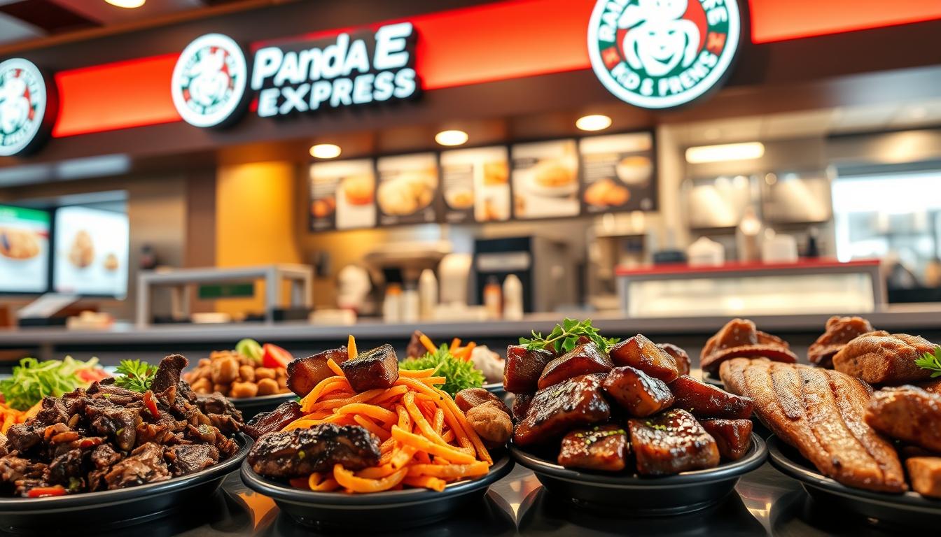 A friendly, inviting scene of a Panda Express restaurant counter displaying an array of kid-friendly carnivore choices. In the foreground, an assortment of delectable meat dishes - sizzling beef, savory chicken, and tender pork - artfully arranged with vibrant vegetables and playful garnishes. The middle ground features a Panda Express signage and menu board, illuminated by warm, soft lighting that creates a welcoming atmosphere. In the background, a glimpse of the bustling kitchen, where the aromas of Asian-inspired flavors waft through the air. The overall composition conveys a sense of excitement and anticipation, making it an ideal visual to accompany the "Tips for Ordering at Panda Express with Kids" section of the article. A friendly, inviting scene of a Panda Express restaurant counter displaying an array of kid-friendly carnivore choices. In the foreground, an assortment of delectable meat dishes - sizzling beef, savory chicken, and tender pork - artfully arranged with vibrant vegetables and playful garnishes. The middle ground features a Panda Express signage and menu board, illuminated by warm, soft lighting that creates a welcoming atmosphere. In the background, a glimpse of the bustling kitchen, where the aromas of Asian-inspired flavors waft through the air. The overall composition conveys a sense of excitement and anticipation, making it an ideal visual to accompany the "Tips for Ordering at Panda Express with Kids" section of the article.