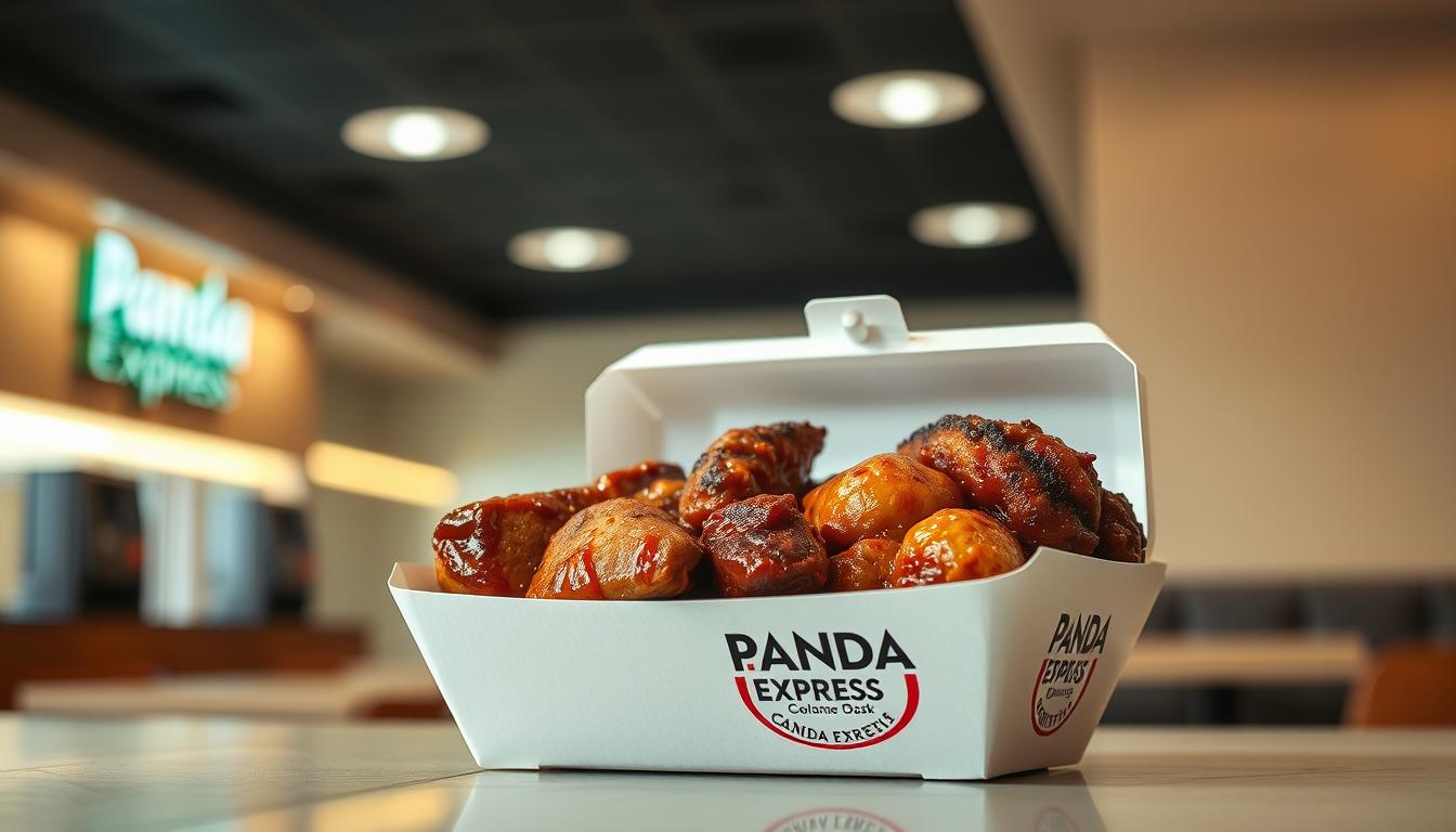 A high-quality, close-up shot of a Panda Express takeout container filled with a savory assortment of carnivore-friendly menu items. The container is set against a blurred background of a modern, minimalist Panda Express restaurant interior, with clean lines and warm lighting creating a refined, appetizing atmosphere. The menu items, including grilled steak, roasted chicken, and crispy pork, are artfully arranged and glistening with a flavorful sauce. The lighting casts dramatic shadows, emphasizing the textural details of the protein-rich dishes. The overall composition is visually striking, making the carnivore-friendly offerings at Panda Express both enticing and mouthwatering.