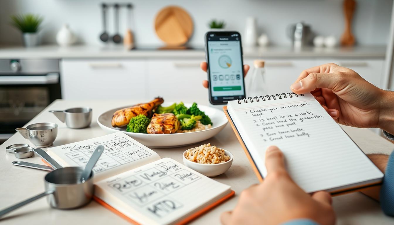 A high-resolution image of a person tracking their macros on a ketogenic diet, captured with a professional-grade DSLR camera. The foreground features an open notebook with handwritten notes, a smartphone displaying a macro tracking app, and various measuring cups and spoons. The middle ground showcases a healthy keto-friendly meal, including grilled chicken, steamed broccoli, and a small portion of quinoa. The background sets the scene in a well-lit, modern kitchen with minimalist decor, emphasizing the focus on health and nutrition. The overall mood is one of organization, discipline, and a commitment to the ketogenic lifestyle while on the go.