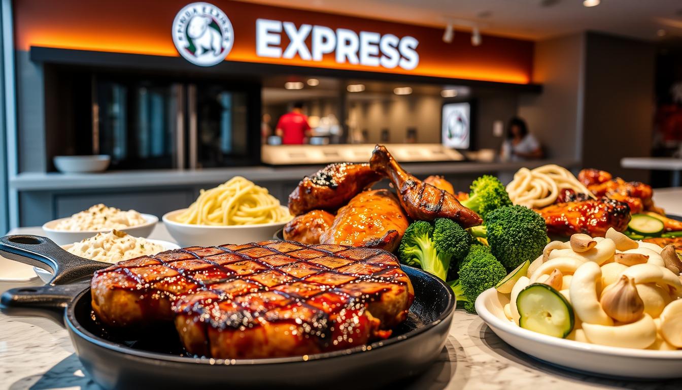 A lavishly lit countertop showcases an array of carnivore-friendly meal options at Panda Express. In the foreground, a succulent steak sizzles on a cast-iron skillet, its edges crisp and caramelized. Alongside it, grilled chicken thighs and tender pork belly slivers glisten with a rich, savory glaze. In the middle ground, steamed broccoli florets and zucchini noodles nestle alongside mounds of creamy cauliflower puree and roasted garlic cloves. The background features a sleek, minimalist Panda Express storefront, its warm lighting and clean lines setting a sophisticated tone. The overall scene exudes an aroma of umami-packed carnivore bliss, inviting the viewer to savor a fulfilling, low-carb meal.
