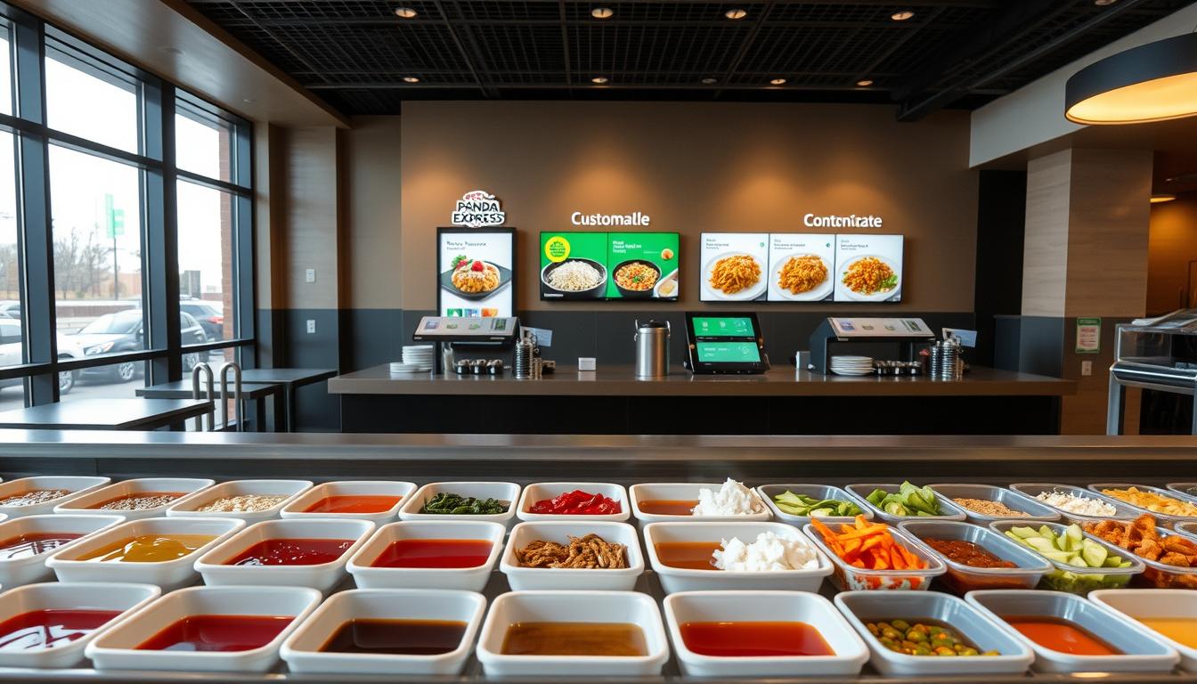 A neatly arranged display of customization options at a Panda Express restaurant. In the foreground, a range of sauces, toppings, and sides are presented in individual containers, inviting the viewer to personalize their meal. The middle ground features a sleek, modern counter with touch-screen displays showcasing the customizable menu items. In the background, the warm, natural lighting from large windows illuminates the contemporary, minimalist decor, creating a welcoming atmosphere. The overall composition conveys the ease and flexibility of curating a Panda Express dish to suit one's individual tastes and preferences.