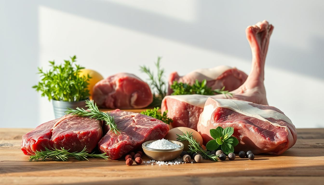 A neatly arranged still life showcasing the key components of a carnivore diet. In the foreground, a selection of succulent cuts of beef, pork, and lamb sit atop a wooden table, highlighted by warm, natural lighting that casts subtle shadows. In the middle ground, an assortment of fresh herbs, spices, and condiments - such as rosemary, thyme, sea salt, and peppercorns - provide a sense of culinary preparation. The background features a clean, minimalist setting, with a neutral-colored wall creating a clean, uncluttered backdrop that allows the food items to take center stage. The overall composition conveys a sense of simplicity, quality, and the essential elements of a meat-centric, nutrient-dense diet.
