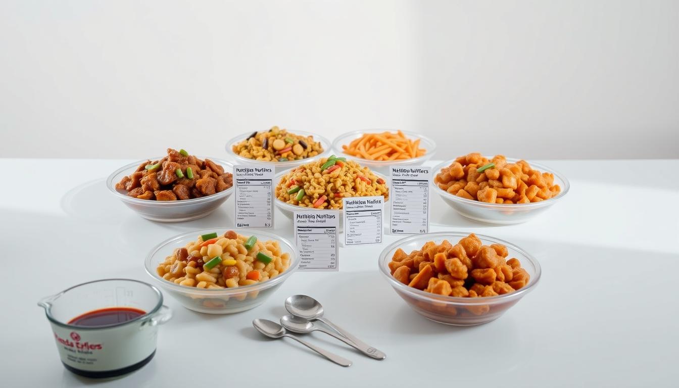A neatly arranged table showcasing various Panda Express dish options, each with a clear breakdown of their nutritional information. The dishes are presented against a clean, minimalist backdrop, bathed in soft, natural lighting that enhances their vibrant colors. In the foreground, a set of measuring cups and spoons provide visual cues to the nutritional data. The middle ground features informative, easy-to-read nutrition labels detailing the calories, fat, protein, and carbohydrate content of each dish. The background subtly hints at the restaurant's signature red and green color scheme, creating a cohesive and visually appealing composition that effectively communicates the nutritional value of Panda Express offerings.