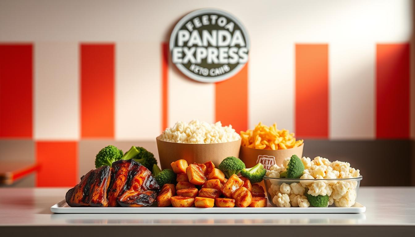 A neatly organized display of Panda Express keto-friendly menu items, showcased against a softly blurred background of the restaurant's signature red and orange color scheme. In the foreground, a selection of low-carb entrees and sides, such as grilled teriyaki chicken, steamed broccoli, and cauliflower rice, artfully arranged on a sleek, minimalist tabletop. Soft, natural lighting creates depth and highlights the textures of the ingredients. The overall composition conveys a sense of simplicity, health-consciousness, and the ability to maintain a keto diet while dining at this popular fast-casual establishment.