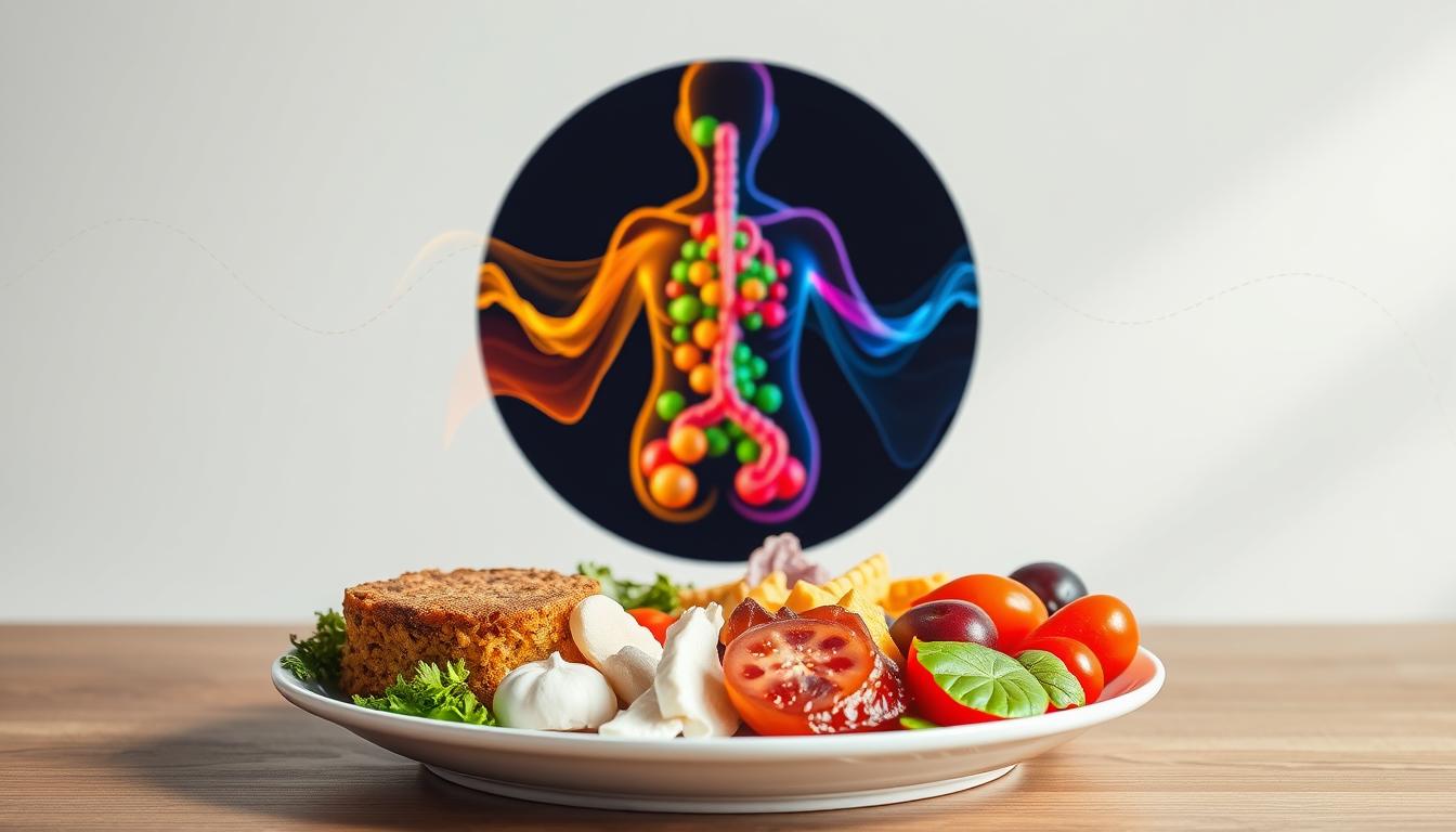 A stylized illustration of a balanced meal, depicting the optimal timing and distribution of nutrients for meal optimization. In the foreground, a plate showcases a well-proportioned arrangement of macronutrients - protein, carbohydrates, and healthy fats. The middle ground features a dynamic visualization of nutrient absorption and metabolism, with vibrant colors and fluid forms representing the physiological processes. In the background, a minimalist yet elegant backdrop sets the stage, using soft lighting and a neutral color palette to emphasize the scientific focus. The overall composition conveys a sense of harmony, efficiency, and the importance of nutrient timing for holistic meal optimization.