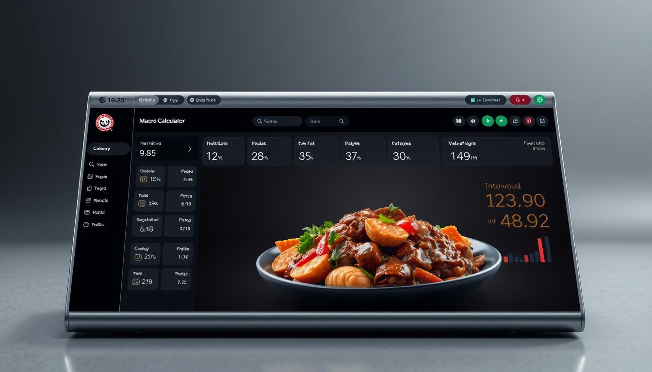 A visually striking macro calculator dashboard, showcasing a Panda Express carnivore meal planner. In the foreground, a sleek, metallic interface displays detailed nutritional information, macro ratios, and customizable meal options. The middle ground features an enticing 3D render of a hearty, protein-rich Panda Express dish, with tender meat, vibrant vegetables, and a savory sauce. The background is a minimalist, high-tech setting, with a muted color palette and subtle lighting that creates a sense of sophistication and precision. The overall composition conveys a seamless integration of technology and culinary expertise, empowering the user to optimize their Panda Express dining experience.