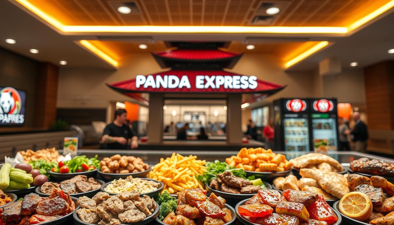 A brightly lit scene of a modern Panda Express restaurant's counter, showcasing an array of carnivorous menu options. In the foreground, various protein dishes such as beef, chicken, and pork are displayed with vibrant colors and textures. The middle ground features the restaurant's signature pagoda-style architecture and sleek, minimalist design elements. The background is softly blurred, capturing the bustling energy of the dining area. The lighting is warm and inviting, creating a welcoming atmosphere. The overall composition emphasizes the versatility and adaptability of the Panda Express menu, catering to the needs of a diverse range of dietary preferences.