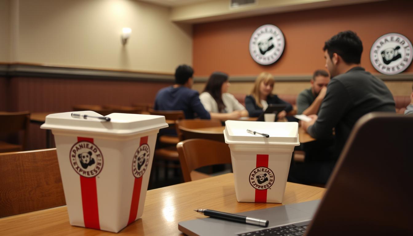 A cozy, well-lit cafe setting with wooden tables and chairs. In the foreground, a stack of Panda Express takeout containers sits alongside a laptop and a pen, hinting at a customer review session. The middle ground features a diverse group of customers seated around the tables, engaged in animated conversations and jotting down notes. In the background, the Panda Express logo is subtly visible on the wall, creating a sense of place. The overall mood is one of lively discussion and thoughtful evaluation, reflecting the section's focus on customer feedback.