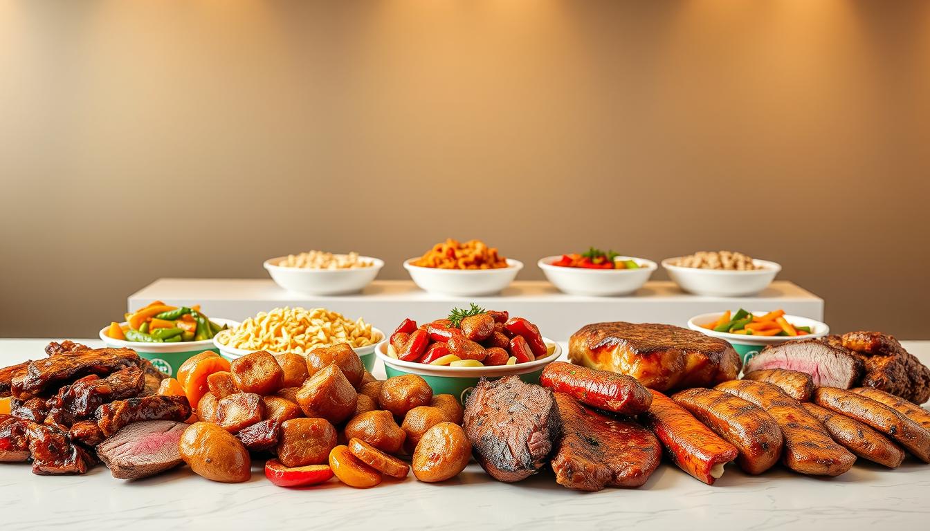 A delectable array of Panda Express dishes against a sleek, modern backdrop. In the foreground, a selection of savory meats - juicy beef, tender chicken, and succulent pork - artfully arranged on a clean, minimalist table. The middle ground features various Panda Express side dishes, such as crisp lo mein noodles and vibrant steamed vegetables, complementing the protein-centric feast. The background is illuminated by warm, golden lighting, creating a cozy, inviting atmosphere that beckons the viewer to indulge in this carnivore-friendly Panda Express culinary experience.