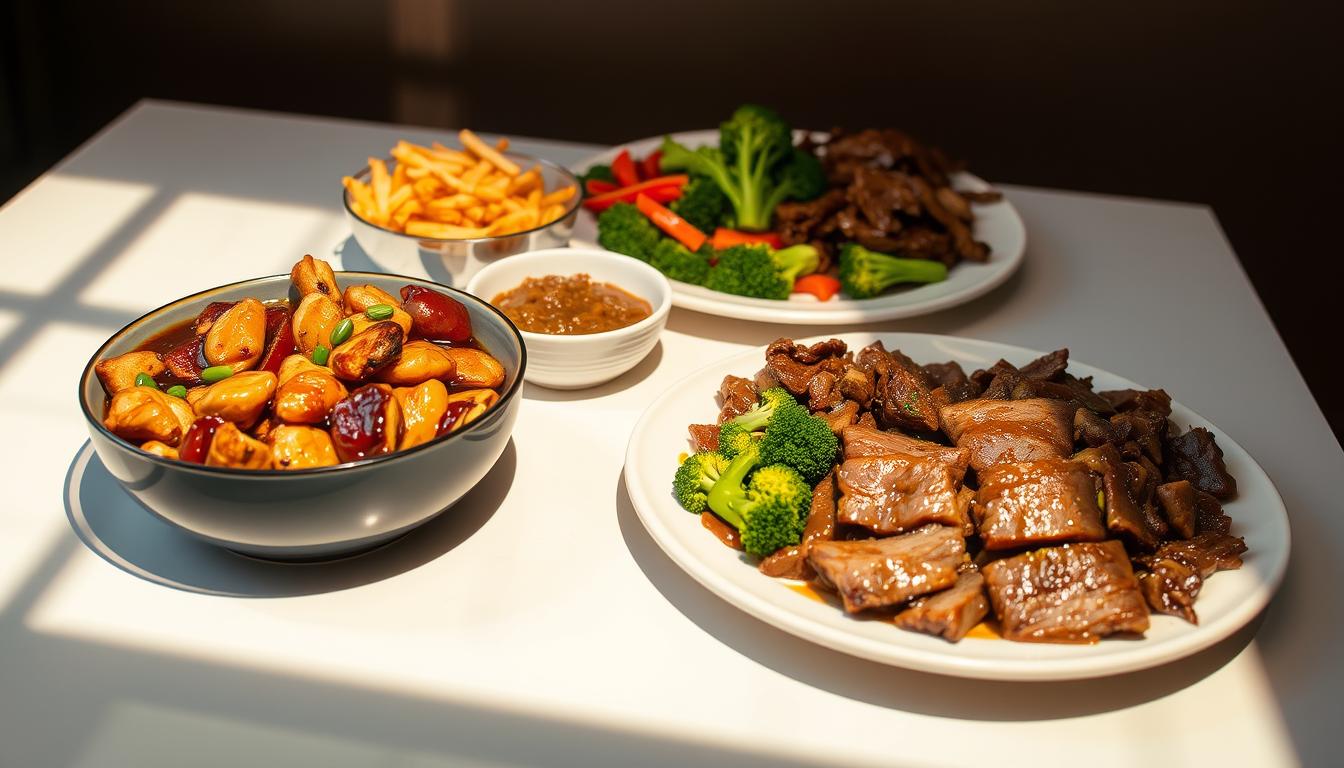 A modern, well-lit photograph of a selection of Panda Express menu items that align with a carnivore diet, including a grilled teriyaki chicken bowl, a beef and broccoli plate, and a side of Beijing beef. The food is neatly arranged on a clean, minimal table setting, highlighting the high-quality ingredients and vibrant colors. The lighting is warm and natural, creating a inviting, appetizing atmosphere. The camera angle is slightly elevated to provide a clear, unobstructed view of the various dishes, showcasing their visual appeal and nutritional value for the health-conscious consumer.