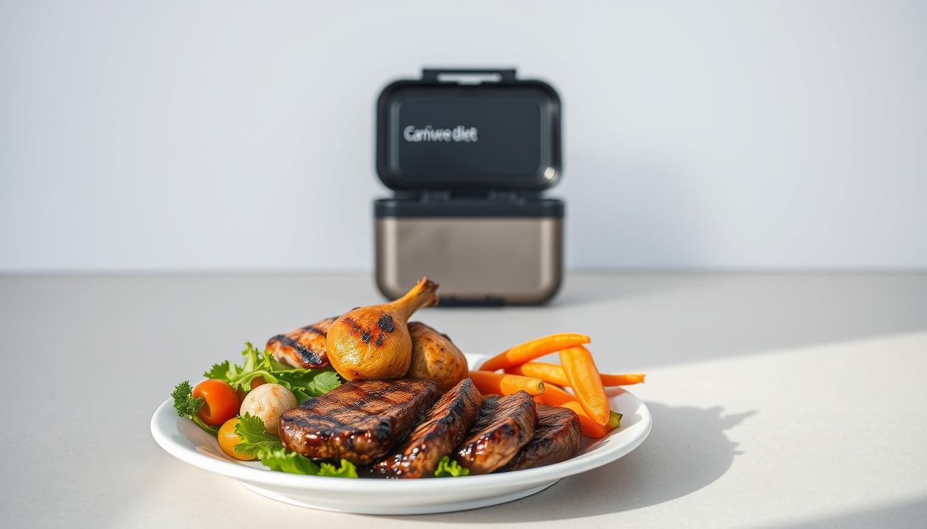 A stylish, visually appealing image of a carnivore diet meal solution set against a modern, minimalist background. In the foreground, an artfully arranged plate showcases a selection of high-protein, nutrient-dense foods such as grilled steak, roasted chicken, and a side of fresh, vibrant vegetables. The lighting is soft and natural, highlighting the textures and colors of the dishes. In the middle ground, a sleek, compact food storage container or lunch box suggests the portability and convenience of this meal solution for on-the-go lifestyles. The background features a plain, light-colored surface, allowing the culinary focus to take center stage. The overall composition and styling convey a sense of balance, health, and the practical benefits of a well-planned carnivore diet meal for busy, active individuals.