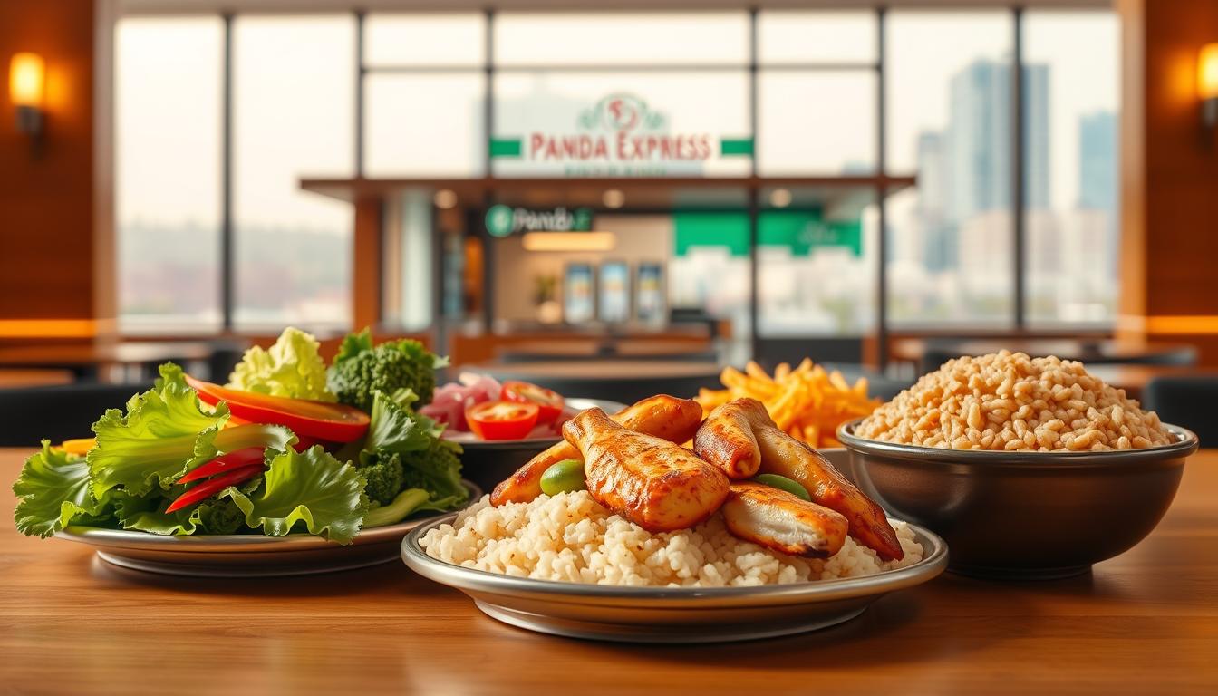 A vibrant and balanced Panda Express spread set against a warm, inviting backdrop. In the foreground, a selection of healthier menu options, including steamed vegetables, grilled chicken, and brown rice, arranged artfully on a wooden table. The middle ground features a glimpse of the Panda Express restaurant's modern, minimalist decor, with clean lines and earthy tones. In the background, a softly blurred cityscape suggests an urban setting, hinting at the accessibility and convenience of this fast-casual establishment. The overall composition conveys a sense of wellness, highlighting the nutritious choices available within the Panda Express menu.