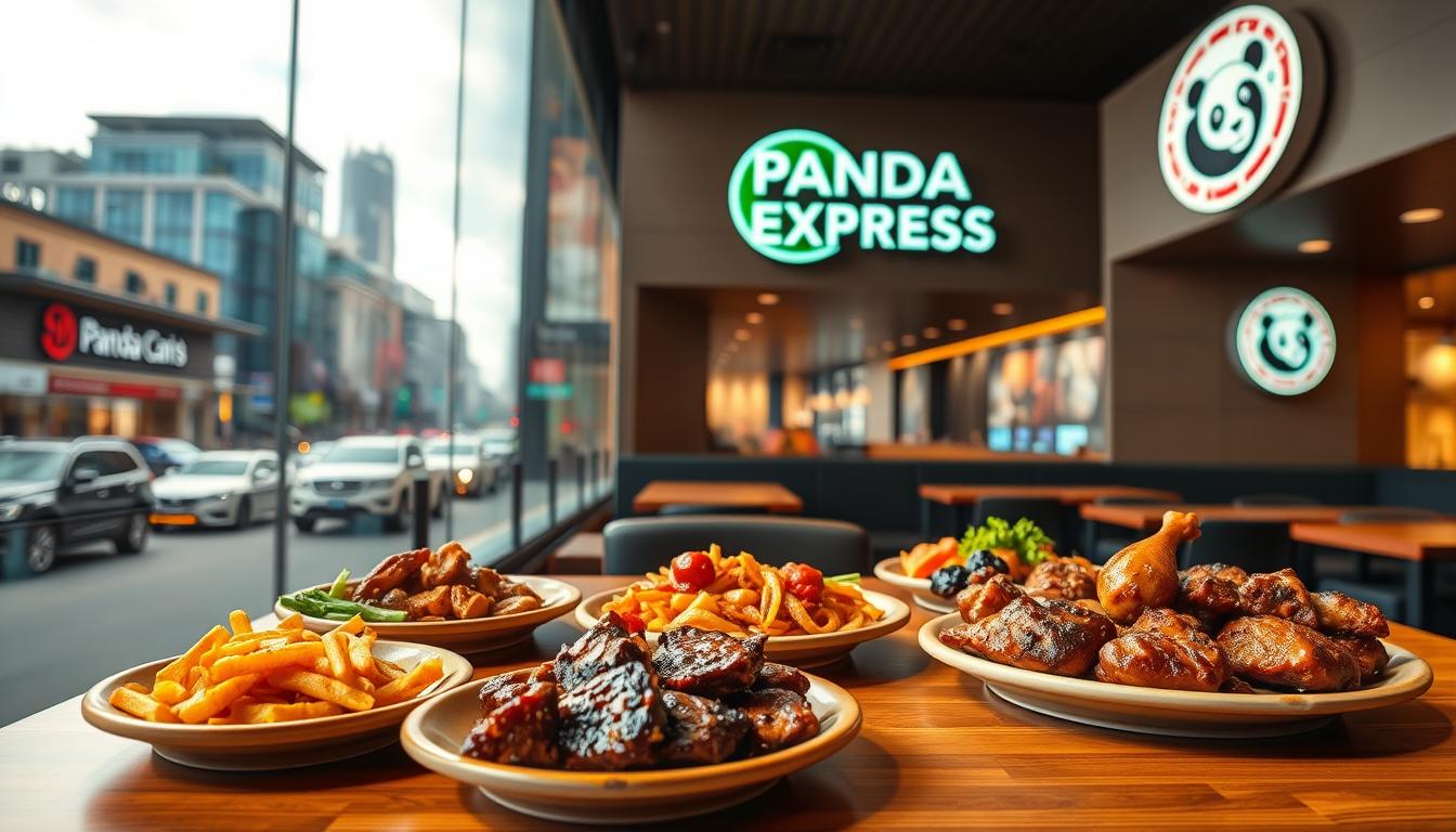 A vibrant, high-resolution image of a Panda Express dining experience, showcasing an array of carnivorous delicacies. In the foreground, a wooden table is adorned with a selection of Panda Express signature dishes, including beef and chicken entrees, sizzling on ceramic plates. The middle ground features a modern, minimalist Panda Express restaurant setting, with sleek, clean lines and warm lighting. In the background, a panoramic view of a bustling city street, with the iconic Panda Express signage visible, creating a sense of place and atmosphere. The overall scene conveys a fusion of contemporary design, mouthwatering cuisine, and the lively energy of a popular fast-casual dining establishment.