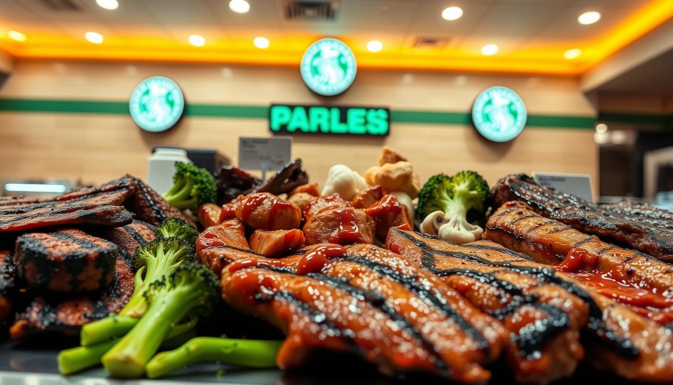 A well-lit, appetizing scene of a Panda Express counter, showcasing an array of keto-friendly carnivore options. In the foreground, a selection of grilled proteins like beef, chicken, and pork, arranged neatly with a focus on texture and sear. The middle ground features steamed broccoli, mushrooms, and cauliflower, drizzled with a savory sauce. In the background, the iconic Panda Express decor, with warm lighting and clean lines, creates a modern, inviting atmosphere. The overall composition emphasizes the customizable and low-carb nature of the keto-friendly meal options available at this popular fast-casual restaurant.