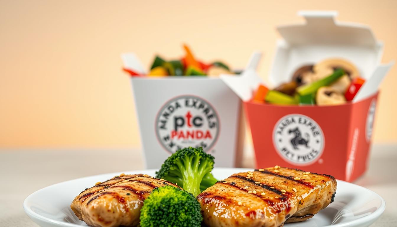 A close-up shot of a selection of keto-friendly Panda Express menu items against a neutral background. The foreground features a plate with a grilled chicken breast, a side of steamed broccoli, and a sprinkling of toasted sesame seeds. The middle ground showcases a Panda Express takeout container filled with a blend of fresh vegetables, such as zucchini, bell peppers, and mushrooms. The background is softly lit, creating a warm and inviting atmosphere, highlighting the high-quality, low-carb ingredients. The overall composition emphasizes the concept of a healthy, carnivore-keto friendly meal from the popular fast-casual restaurant.
