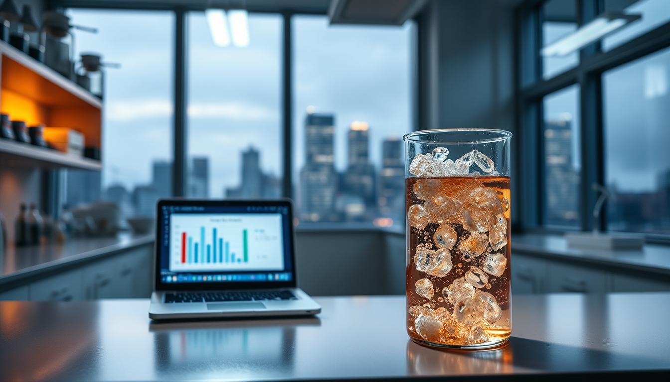 A dimly lit laboratory setting, with clean, clinical countertops and shelves displaying scientific equipment. In the foreground, a glass beaker filled with a bubbling, effervescent liquid, representing the metabolic state of ketosis. The middle ground features a laptop displaying a chart of blood ketone levels, while the background showcases a large window overlooking a city skyline, suggesting the broader implications of this physiological process. The lighting is warm and focused, casting a soft glow on the scene, conveying a sense of careful observation and study. The overall atmosphere is one of scientific inquiry and the pursuit of understanding the complexities of human metabolism.