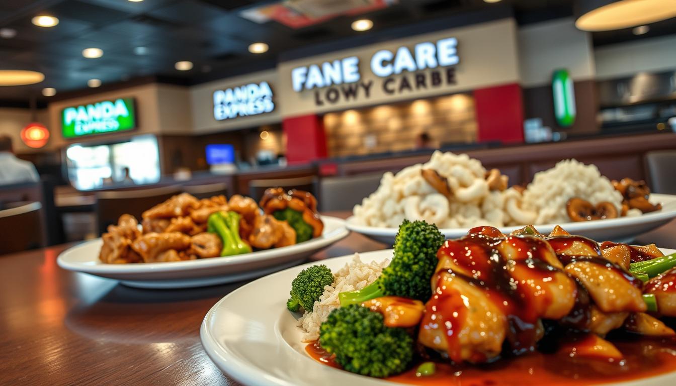 A high-resolution, hyper-realistic image of a Panda Express restaurant table, showcasing a variety of zero-carb menu items. In the foreground, a plate features grilled chicken, broccoli, and steamed vegetables, drizzled with a savory, low-carb sauce. In the middle ground, additional plates display shredded pork, cauliflower rice, and sautéed mushrooms. The background features the iconic Panda Express decor, with warm lighting and a clean, modern ambiance. The image conveys a sense of healthy, low-carb indulgence, capturing the essence of customizing a Panda Express order to fit a carnivore-friendly lifestyle.