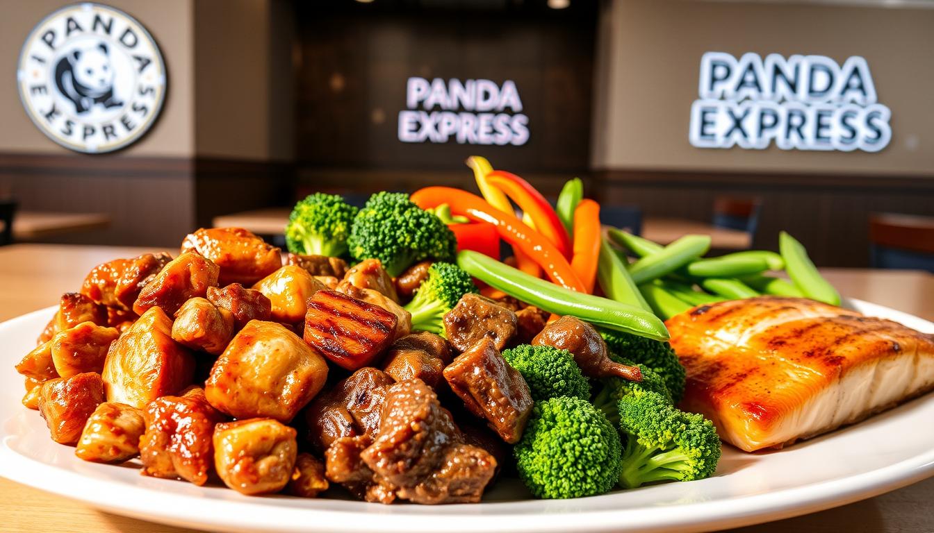 A visually appealing, high-resolution image of a selection of zero-carb Panda Express menu items, captured with a professional-grade camera and natural lighting. In the foreground, a clean white plate showcases a hearty portion of fire-grilled teriyaki chicken, tender beef and broccoli, and succulent grilled salmon. The middle ground features a variety of fresh, crisp vegetables, such as steamed broccoli, snap peas, and bell peppers, arranged in a visually striking manner. In the background, the iconic Panda Express logo and restaurant setting create a familiar, inviting atmosphere. The overall composition conveys a sense of health, quality, and the ability to enjoy a satisfying, keto-friendly meal at Panda Express.