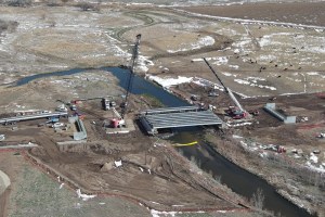 aerial photo taken by Pandion property Inspections, LLC of bridge being constructed over the Thompson River in northern Colorado