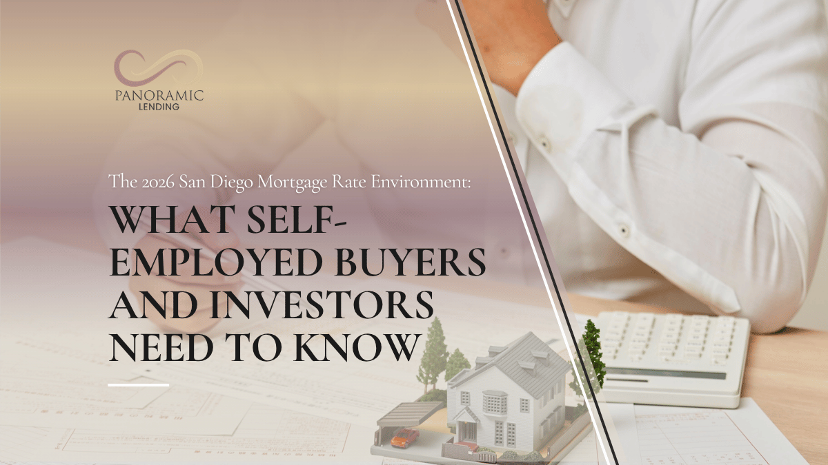 Self-employed buyers and investors mortgage rate information with Panoramic Lending branding, featuring a calculator, house model, and financial documents.