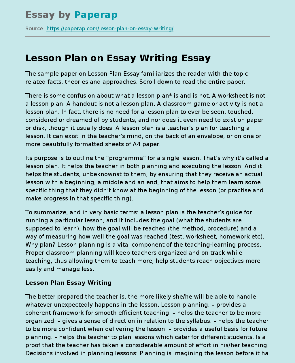 Award winning educational materials designed to help kids succeed. Lesson Plan On Essay Writing Free Essay Example