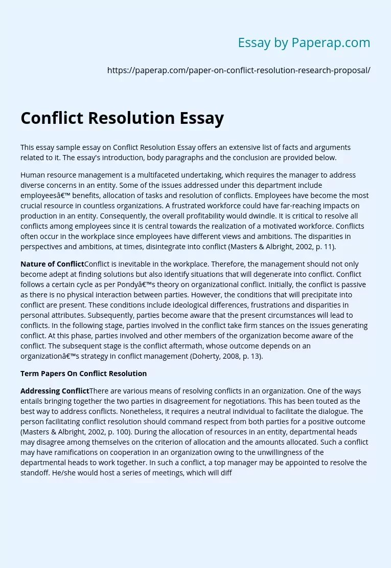 This is the draft title of what you want to research. Conflict Resolution Essay Free Essay Example