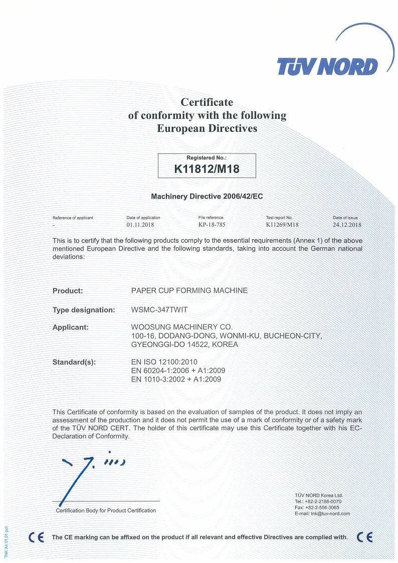 Document CE — machine de formage de gobelets en papier — document original