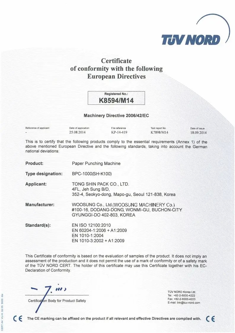 Document CE — machine de découpe du papier — document original