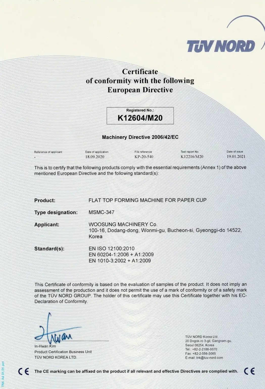 Document CE — machine de formage de bords plats — document original