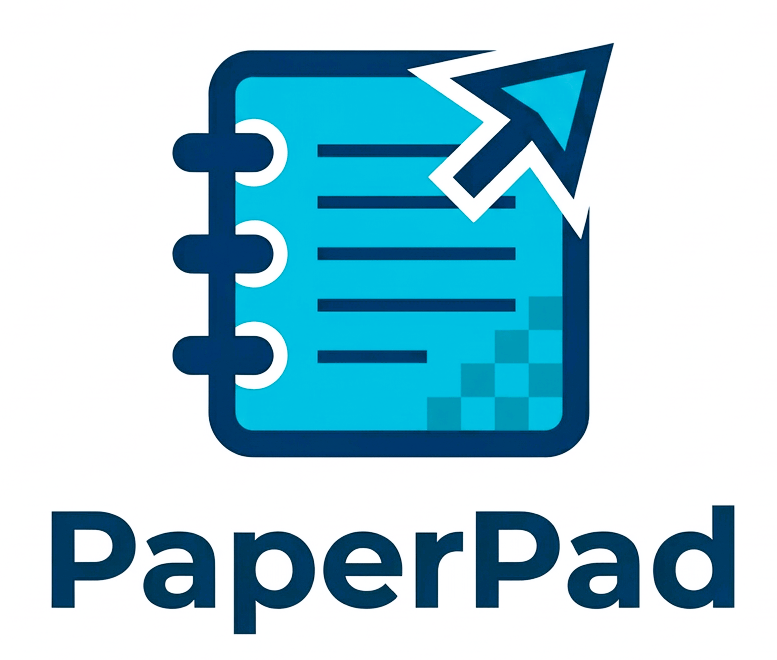 PaperPad logo with a teal icon and the wordmark beside it.