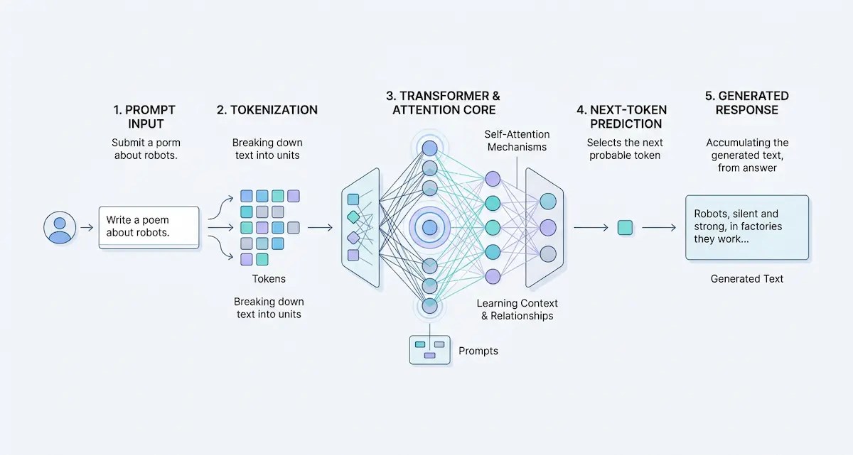 Illustration of how large language models work, showing text input breaking into tokens, passing through transformer attention layers, and generating an output response.