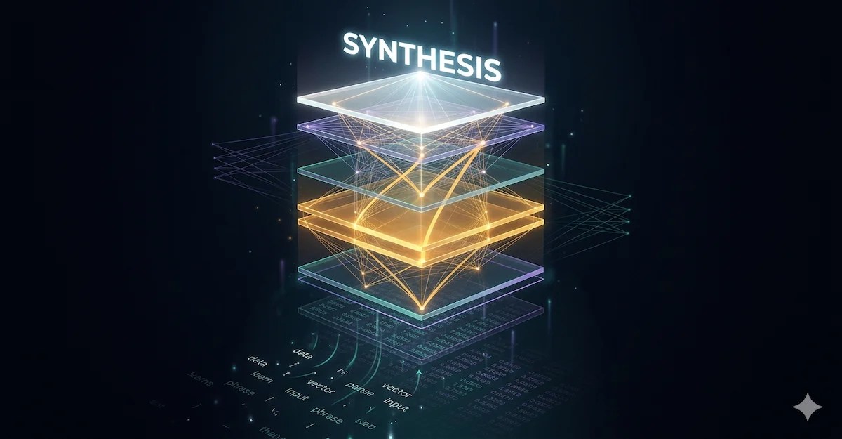 A glowing, multi-layered digital illustration of an AI model stack (Transformer Architecture) against a dark background. At the bottom, text tokens like "data", "input", and "phrase" transform into numerical data grids. Above this are four transparent, illuminated layers connected by amber and blue light pathways. The central layers have a strong orange/yellow glow. At the very top, above a final bright layer, the word "SYNTHESIS" is displayed in large, glowing white capital letters. The overall style is modern, dynamic, and technical.