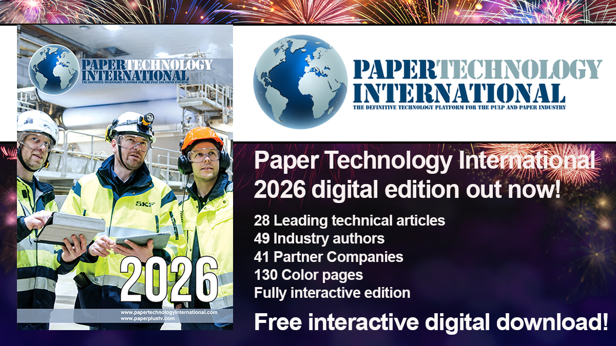 Promotional banner for Paper Technology International 2026 digital edition with workers in safety gear left and edition details right