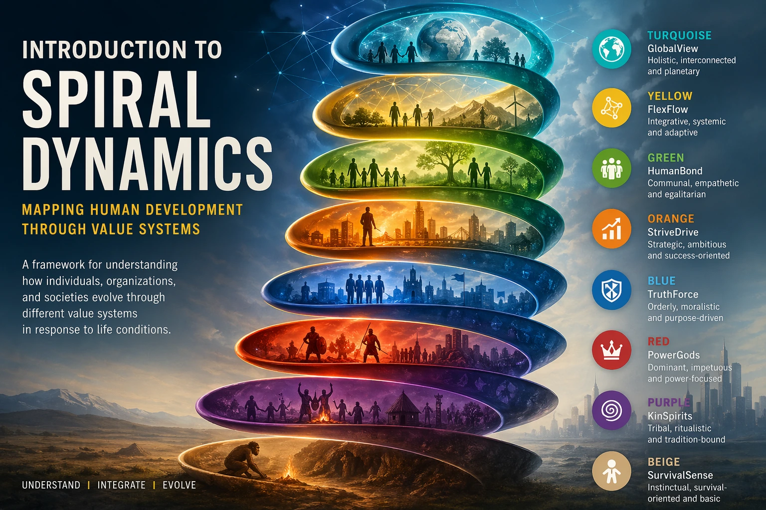 Spiral Dynamics model showing value systems and human development across organizational and societal evolution