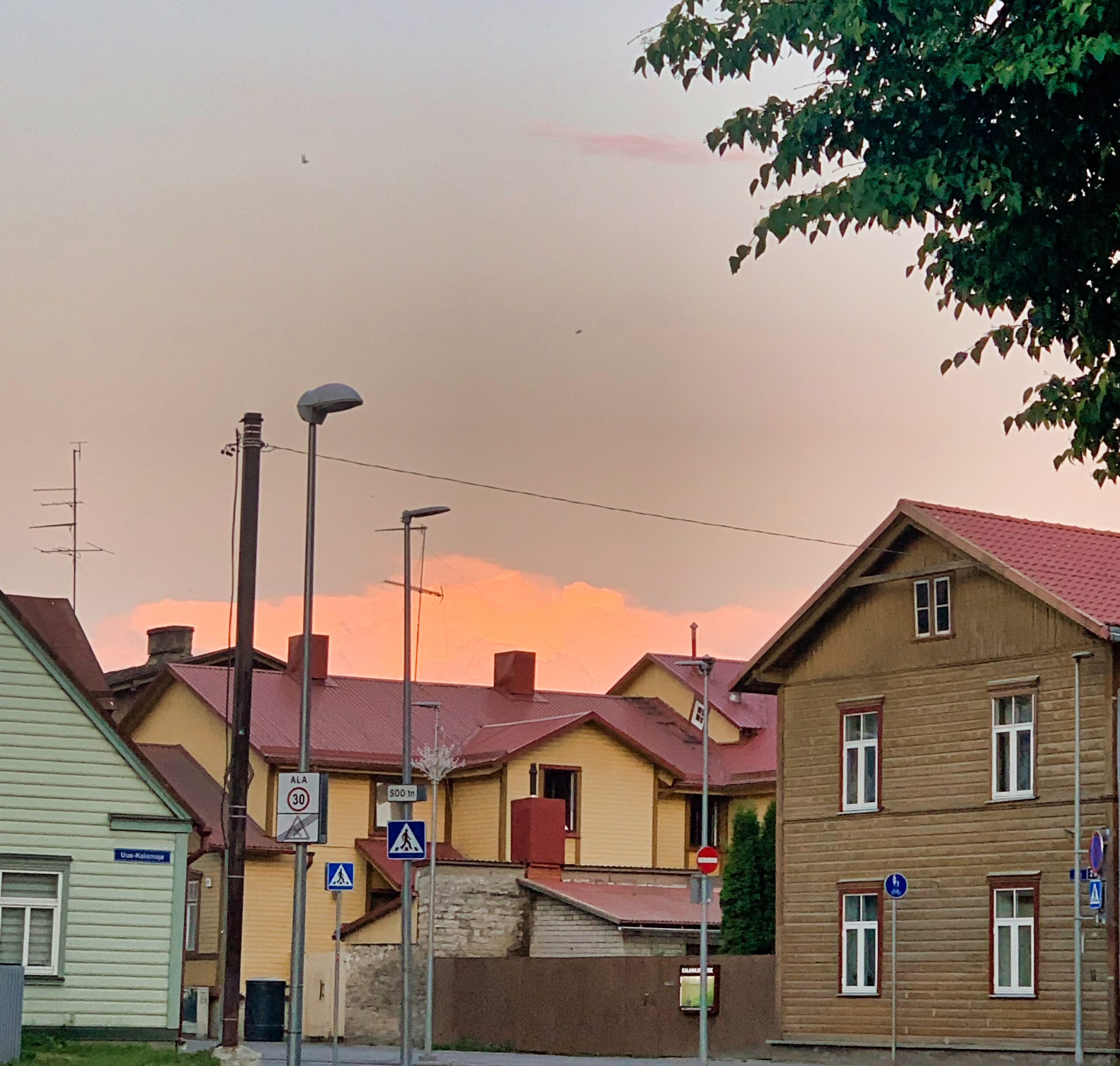 Puutaloja ja katulamppuja Kalamajan kadulla Tallinnassa, taivas hehkuu oranssina auringonlaskussa