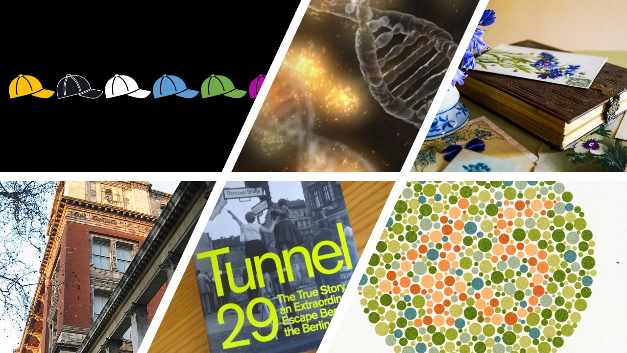 Six themed images: a line of coloured hats; a DNA helix; a journal; the exterior of the Victoria and Albert Museum; book Tunnel 29; and an Ishihashi slide to test for colour blindness