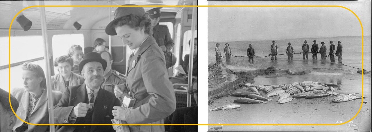Heritage photos showing a female bus conductor at work, and fishermen standing by the shore with their nets and catch