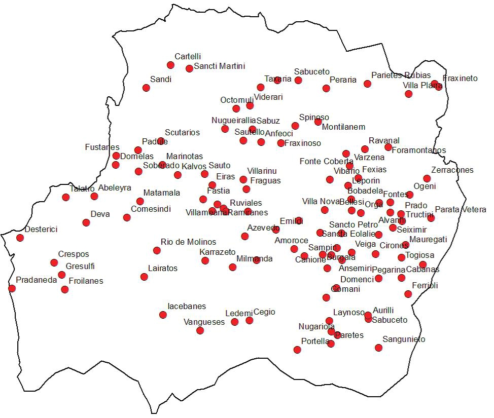 Figura 1. Distribución de aldeas en el territorio de Terras de Celanova datadas entre los siglos IX y XIII (fotografía tomada de Sánchez Pardo, 2008).