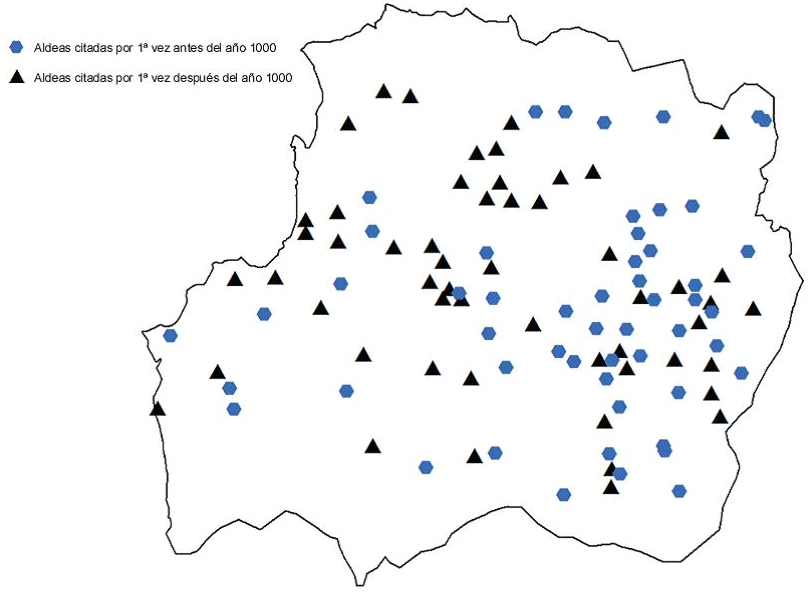 Figura 2. Distribución de aldeas en el territorio de Terras de Celanova citadas por primera vez antes o después del año 1000 (fotografía tomada de Sánchez Pardo, 2008).